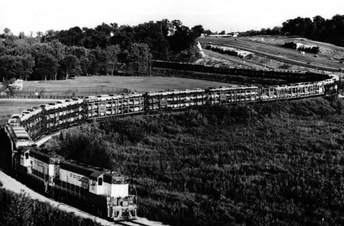 A Frisco train moving automotive freight in the 1960s