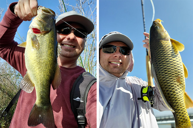 Tumbas with two fish he caught while fly-fishing.