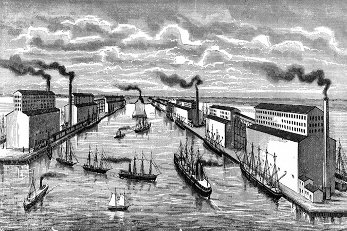 Duluth’s original “elevator row” off Rice’s Point around 1887. Image: Duluth Public Library. Duluth’s original “elevator row” off Rice’s Point around 1887. Image: Duluth Public Library.